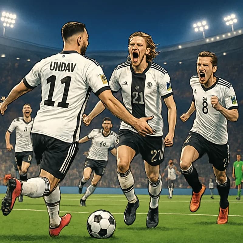A vibrant scene at Toronto Stadium during the World Cup, featuring Germany's players in their iconic black and white kits celebrating Deniz Undav's late goal, with an enthusiastic crowd in the backgro