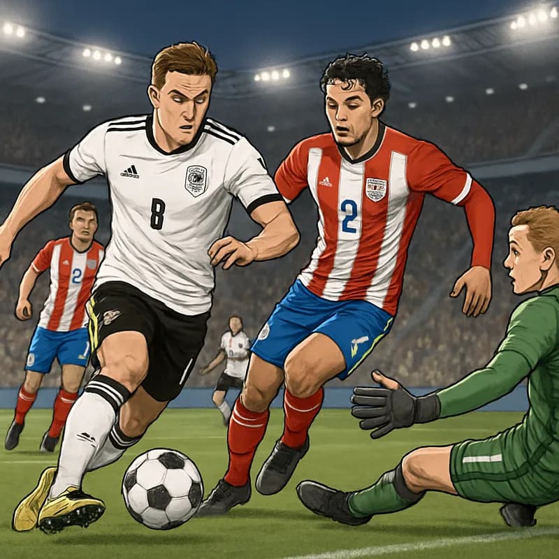 A tense moment during the penalty shootout in a packed stadium, with German players in their traditional black and white kits and Paraguayan players in red and white stripes, capturing the high-stakes