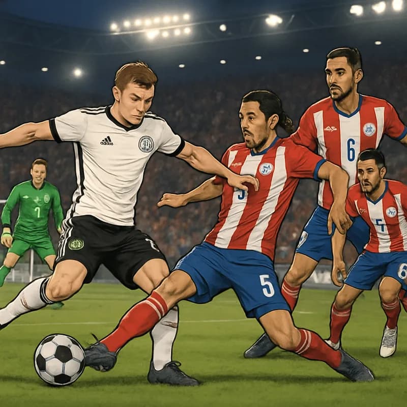 A dramatic scene in a packed stadium with fans wearing Germany's white and black jerseys and Paraguay's blue and red colors. The atmosphere is electric as players from both teams prepare for a penalty