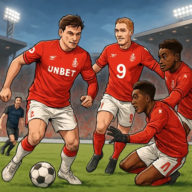 A vibrant scene at a packed stadium with fans in Nottingham Forest's red and white kit, celebrating after a goal. The pitch is lush green, and players are seen in action, showcasing their skills with 