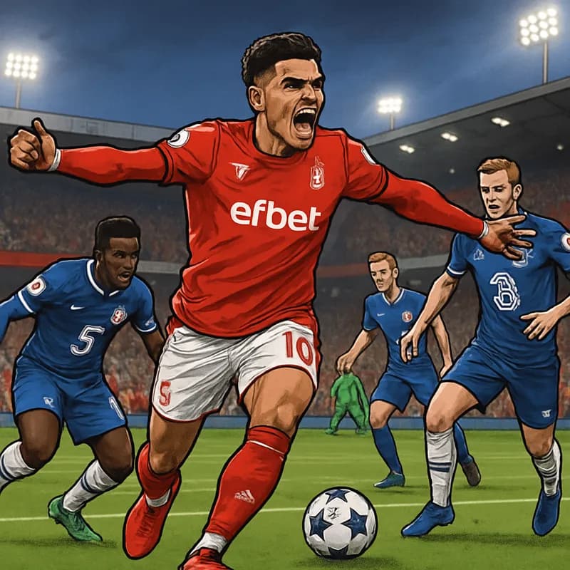A vibrant scene showing a packed stadium during a Premier League match, with Morgan Gibbs-White in Nottingham Forest's red and white kit, celebrating a goal. The green pitch and enthusiastic fans crea