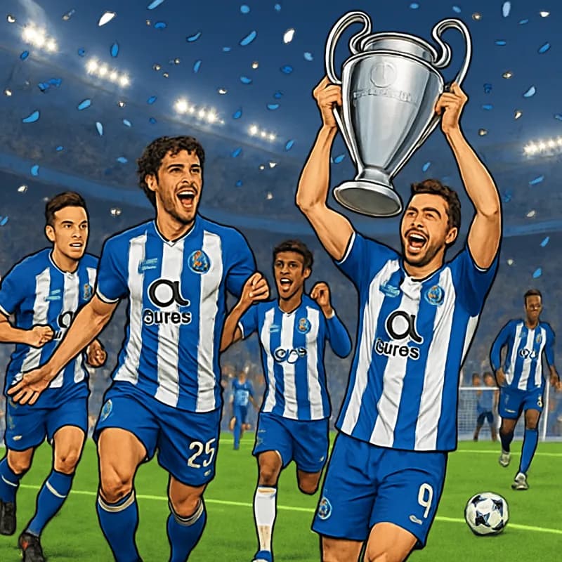 A vibrant soccer scene showcasing a Champions League final atmosphere, with players dressed in blue and white jerseys (Porto) celebrating a victory. The stadium is filled with cheering fans, confetti 
