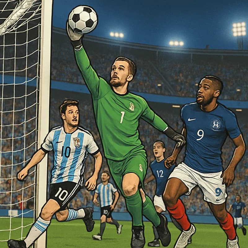 A vibrant scene capturing a tense World Cup match, featuring a goalkeeper in a green jersey making a spectacular save against a backdrop of a packed stadium, with fans in national colors cheering pass