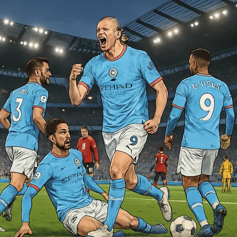 A vibrant scene at the Etihad Stadium during a Manchester City match, with players in their sky blue jerseys, fans cheering, and the atmosphere electric as they celebrate a goal.