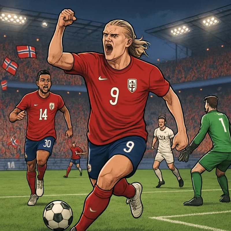 A vibrant scene at a World Cup match featuring Norway in their red and blue kits celebrating a goal, with fans waving flags and a packed stadium atmosphere. The pitch is green and the excitement is pa