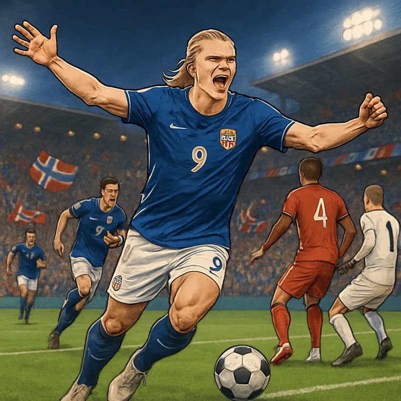 A vibrant stadium scene featuring Erling Haaland in the blue and white colors of Norway, celebrating a goal with fans in the stands. The atmosphere is electric, with flags waving and a green pitch in 