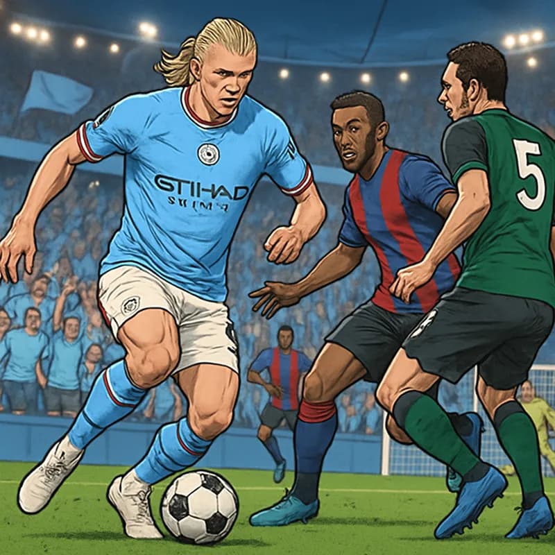 A packed stadium with Manchester City fans wearing sky blue jerseys, cheering passionately. Erling Haaland is seen in action on the green pitch, showcasing his scoring prowess, surrounded by defenders