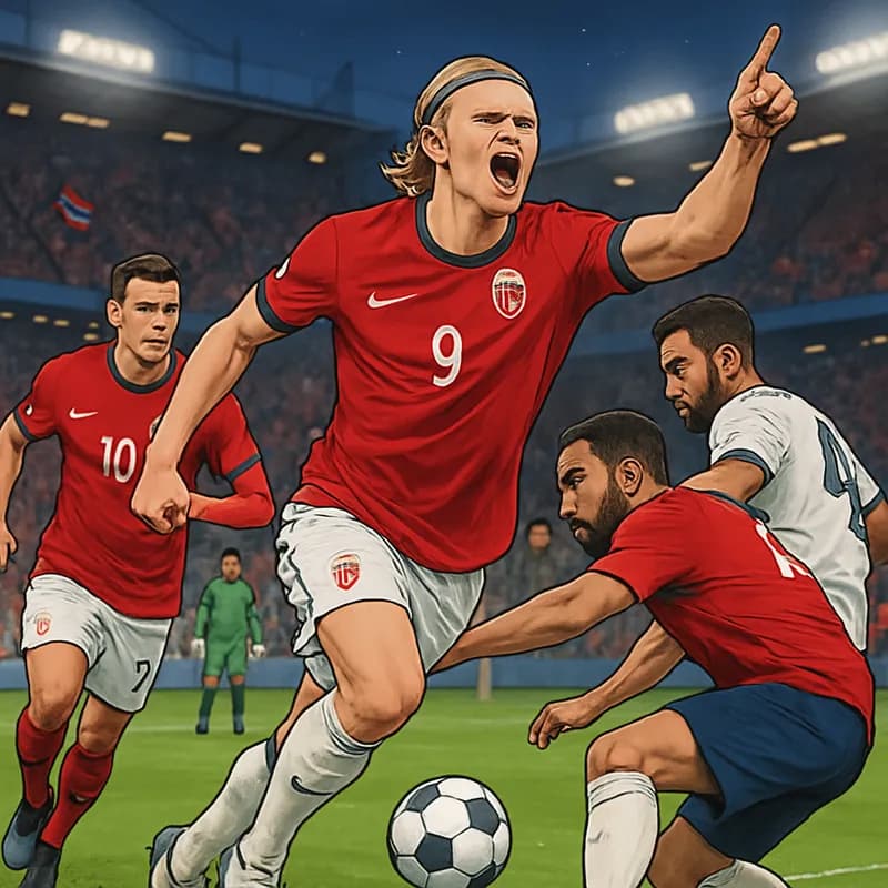 A vibrant scene from a packed stadium during a Norway match, showcasing players in their red and white kits. The atmosphere is electric, with fans waving flags and cheering, while Haaland is seen cele
