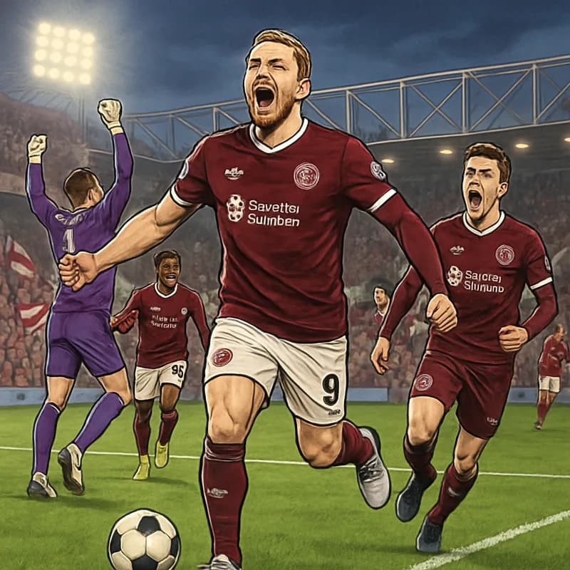 A dramatic scene at Tynecastle Stadium, where Hearts players in maroon jerseys celebrate a goal under the floodlights. The crowd is electric, with fans waving flags and scarves, creating a vibrant atm