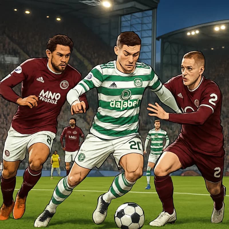 A tense moment at Tynecastle Stadium, with Hearts players in their maroon kits pressing forward against Celtic in green and white stripes. The stadium is filled with passionate fans, creating a vibran