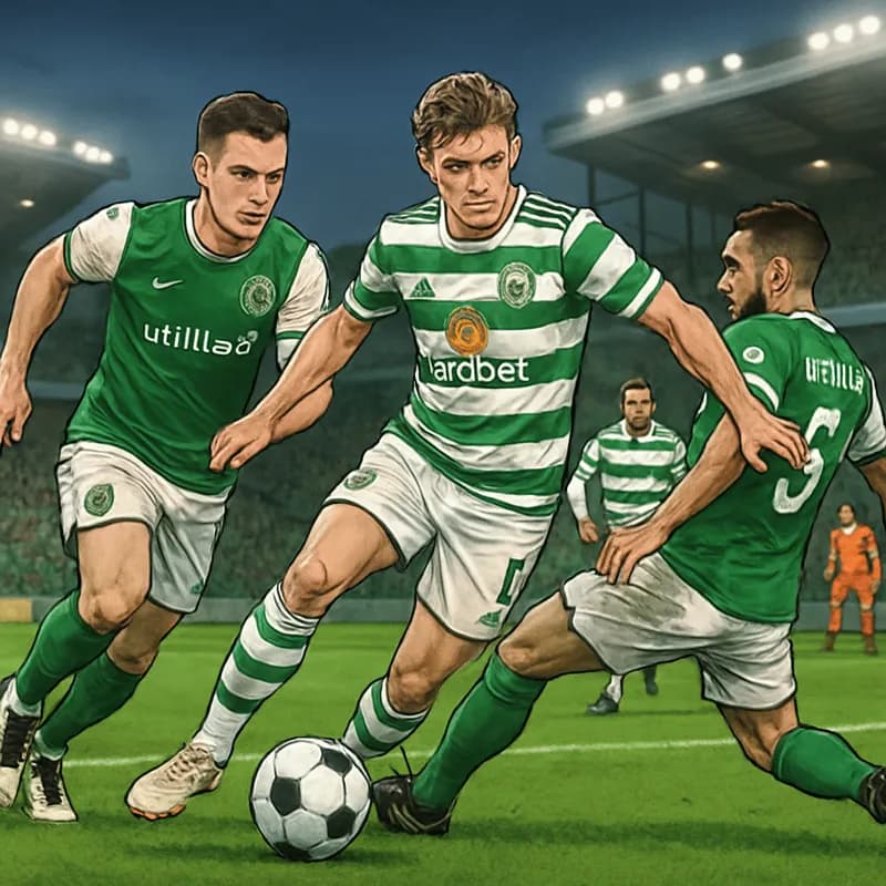 A vibrant scene at Easter Road Stadium with Hibernian players in green and white stripes battling against Celtic in their iconic green and white hoops. The stands are filled with passionate fans creat