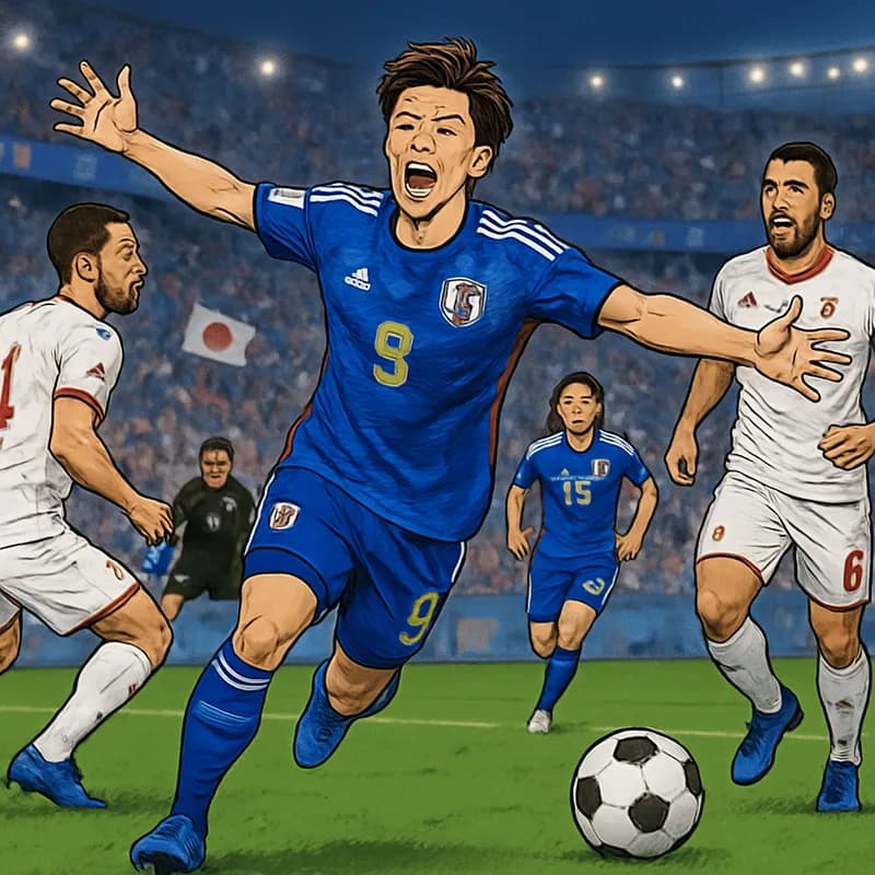 A vibrant scene from the World Cup match featuring Japan's Ayase Ueda in a blue jersey, celebrating a goal against Tunisia. The stadium is packed with fans waving flags, creating a lively atmosphere w