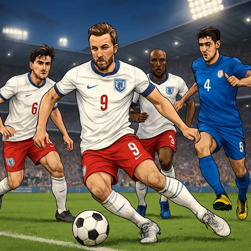 A vibrant soccer scene at a packed stadium during a World Cup match, with England players in their traditional white jerseys and red shorts, practicing set-pieces. The atmosphere is electric, with fan