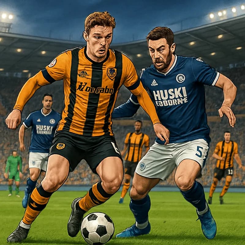 A tense atmosphere at the MKM Stadium during the Championship play-off semi-final between Hull City and Millwall. The pitch is vibrant green, with players in Hull's amber and black kit and Millwall's 