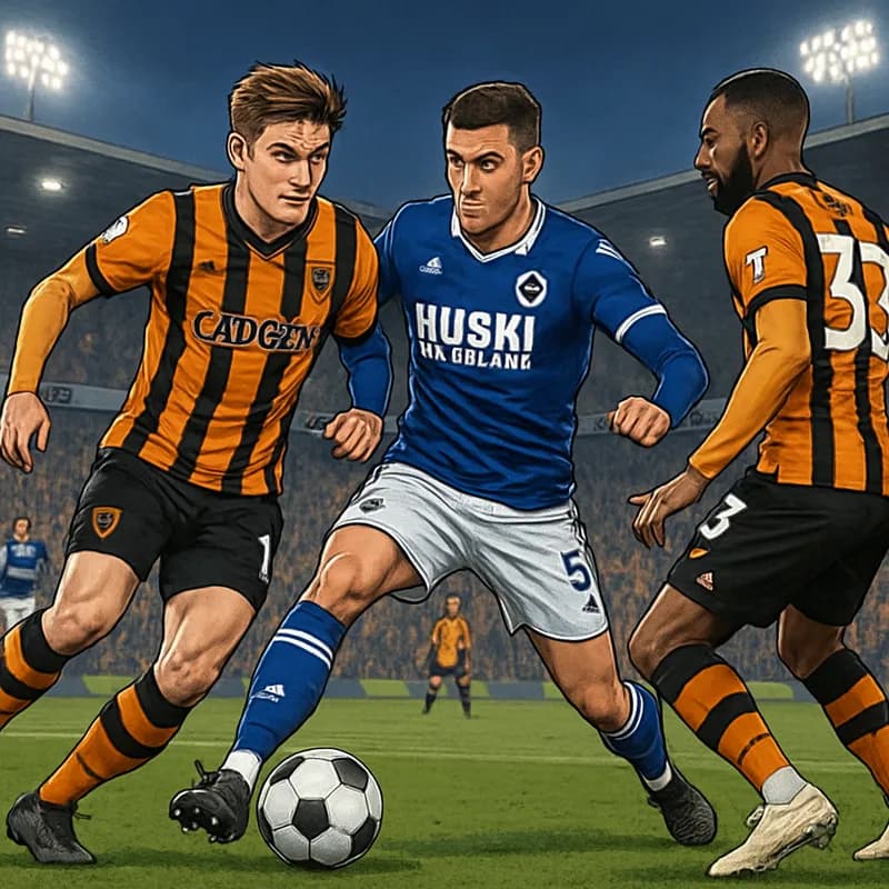 A vibrant scene at the MKM Stadium with Hull City players in their amber and black kits facing off against Millwall in their blue and white striped jerseys. The crowd is electric, with fans waving fla