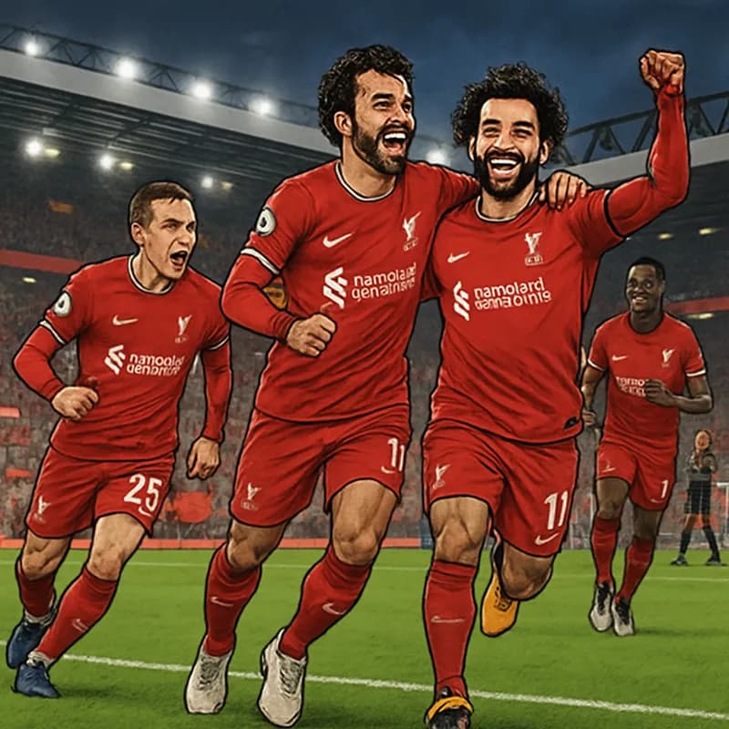 A vibrant scene at Anfield during a match day, with Liverpool players in their iconic red kits celebrating a goal. The stands are filled with passionate fans waving flags, and the atmosphere is electr