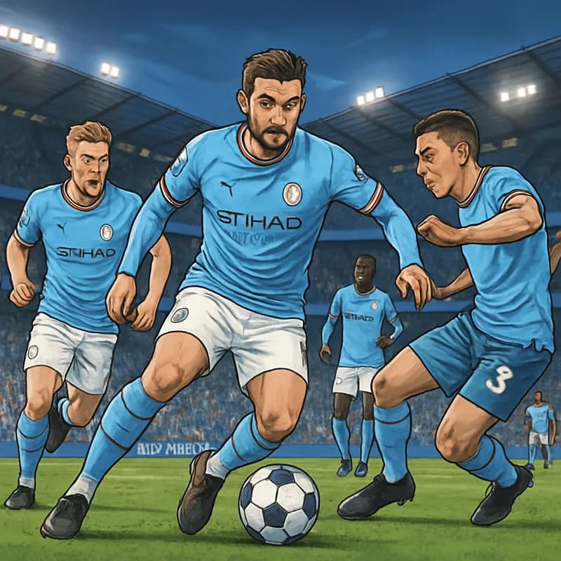 A vibrant scene at the Etihad Stadium, with Manchester City players in their sky blue kits, showing determination on the pitch. The atmosphere is electric as fans cheer, capturing the essence of a thr