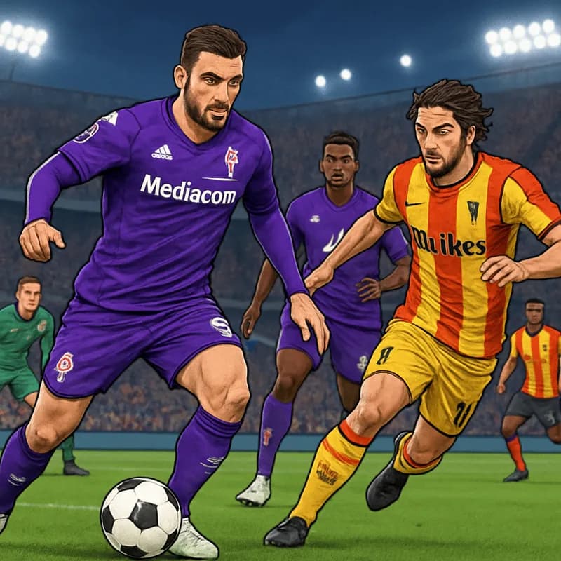 A tense match scene at the Stadio Artemio Franchi, with Fiorentina players in their purple and white kits, battling fiercely against Lecce. The atmosphere is electric, with fans cheering in the stands
