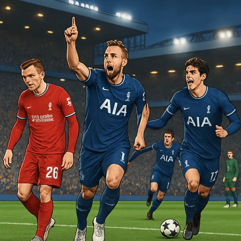 A tense moment on the pitch as Tottenham players in navy blue kits celebrate a goal, while a Liverpool player in red kit limps off the field. The stadium is packed with fans, creating an electric atmo