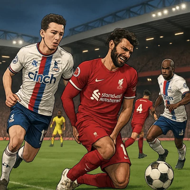 A tense moment at Anfield with Liverpool in their red home kit, showcasing Mohamed Salah holding his hamstring in pain as the crowd reacts. The vibrant stadium atmosphere captures the urgency of the m