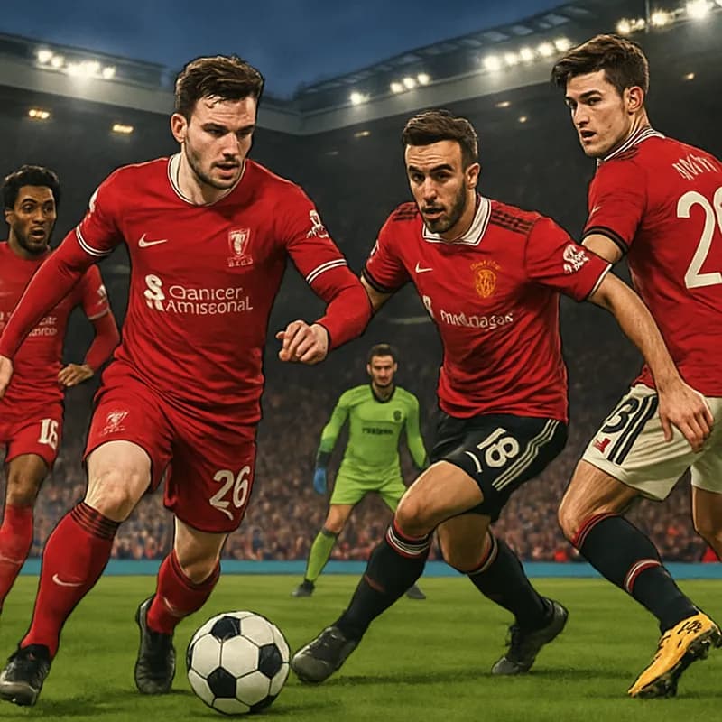 A tense moment during a Liverpool vs Manchester United match at Old Trafford, with Liverpool players in their red kits, a packed stadium atmosphere, and a soccer ball in play.