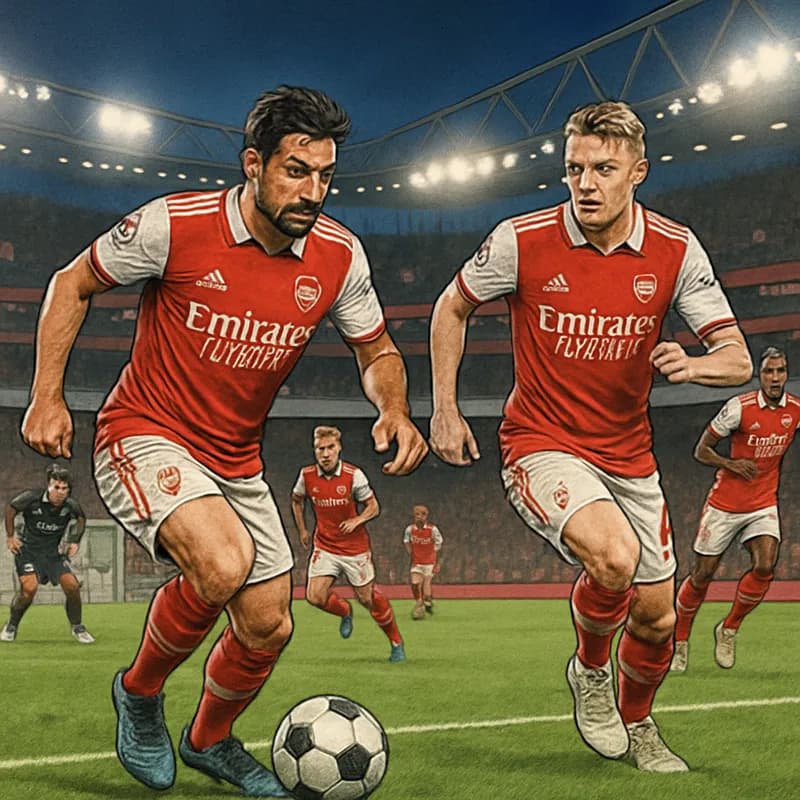 A tense scene at the Emirates Stadium, with Arsenal's players in their red and white kits, anxiously watching the match. The atmosphere is electric, with fans cheering and a green pitch under bright f