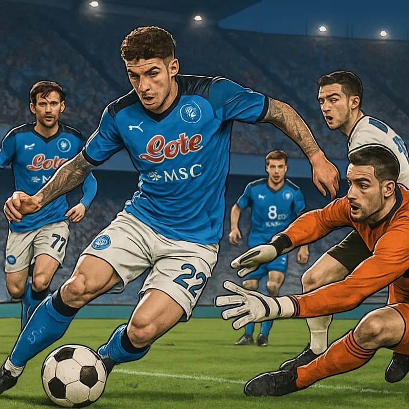 A vibrant scene at Stadio Diego Armando Maradona, with Napoli's blue jerseys highlighted as fans cheer in the stands. The pitch is lush and green, under a clear sky, capturing the excitement of Di Lor