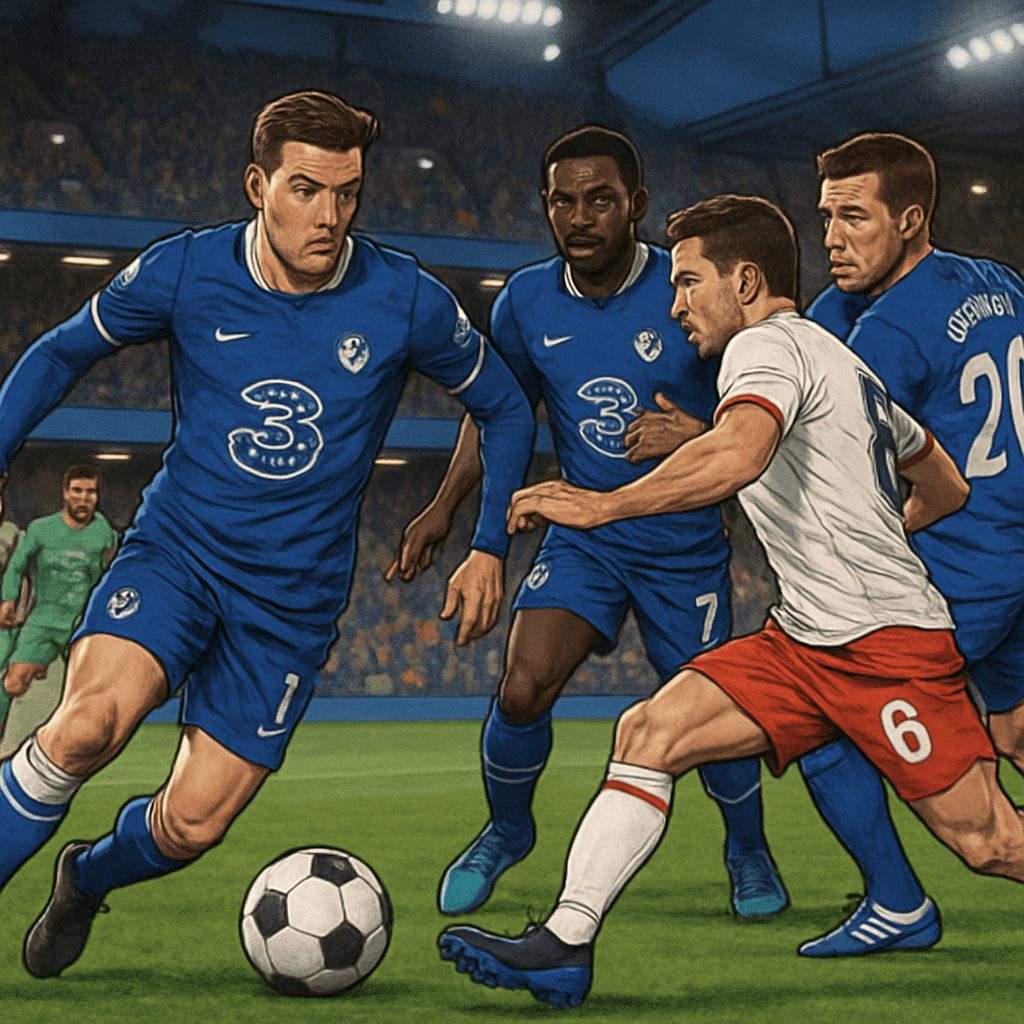 A vibrant scene from Stamford Bridge, where Chelsea's blue jerseys dominate the pitch. The atmosphere is electric as fans cheer, with a close-up of the ball near the goal. The players are in action, s