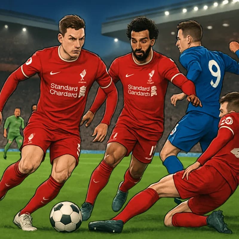 A tense moment during a Liverpool match, with players in their red kit battling for possession on a vibrant green pitch. The crowd is animated, reflecting the intensity of the game.