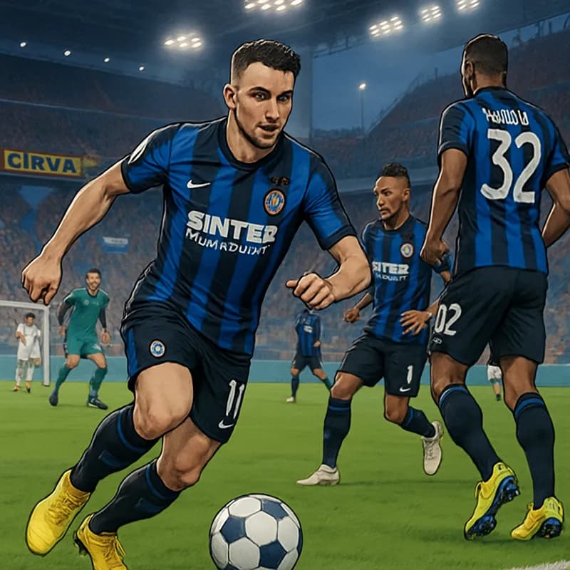A vibrant matchday scene at San Siro, with Inter Milan players in their navy and black striped jerseys warming up on the pitch, while fans in the stands create an electric atmosphere with banners and 