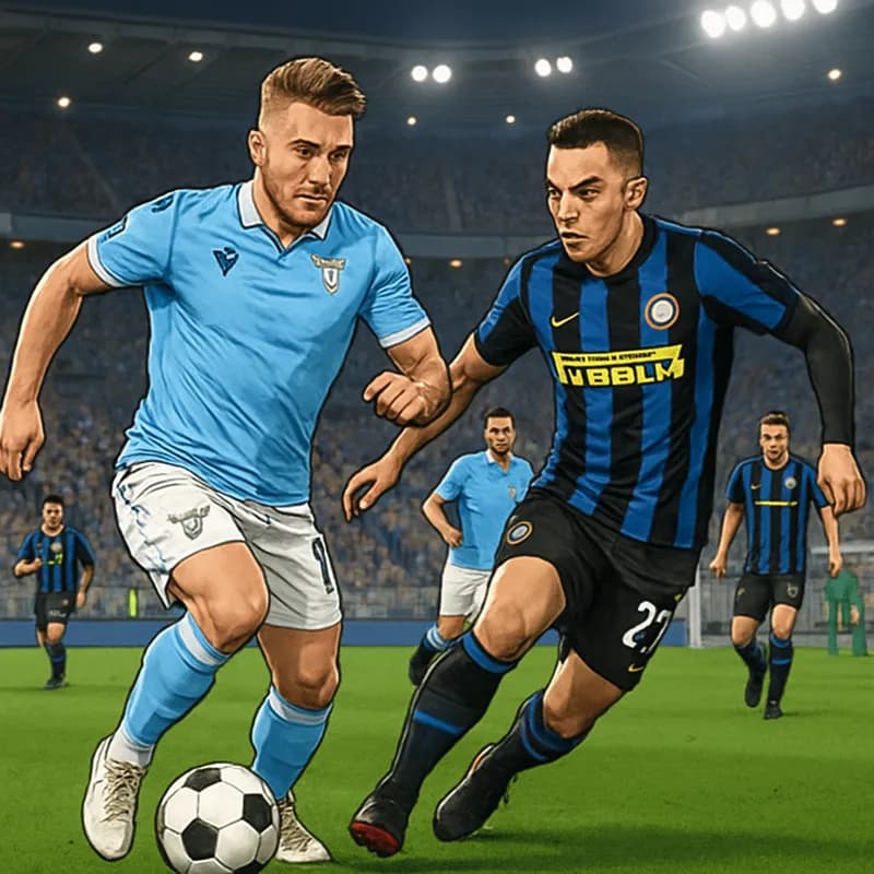 A vibrant scene at the Stadio Olimpico during the Coppa Italia Final, with Lazio in their sky blue kits and Inter in their black and blue stripes, fans cheering in the stands, and a green pitch under 