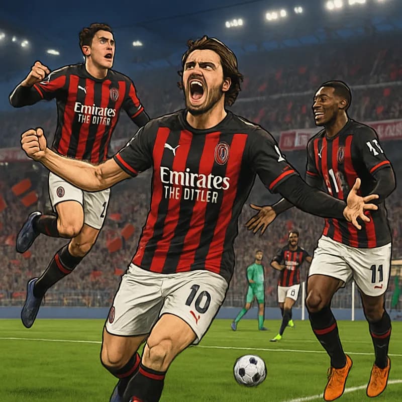 A dramatic scene at the San Siro Stadium, with AC Milan players in their red and black striped jerseys celebrating a goal. The atmosphere is electric with passionate fans waving flags and banners in t