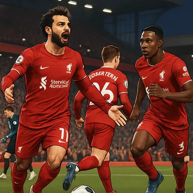 A tense moment in a Premier League match at Anfield, with Liverpool players in their red home kit celebrating a goal, while the atmosphere is electric with fans cheering in the stands.