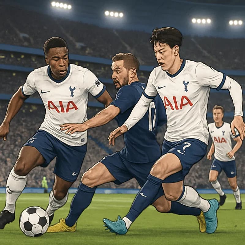 A tense moment on the pitch at Tottenham Hotspur Stadium, featuring players in Tottenham's navy and white kits. The atmosphere is electric as fans watch closely, with a green pitch and a round ball in