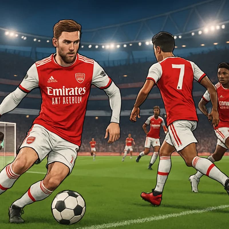 A vibrant scene at the Emirates Stadium, showcasing Arsenal's red and white kit as players warm up on the green pitch. The crowd buzzes with anticipation under the stadium lights, with a soccer ball i