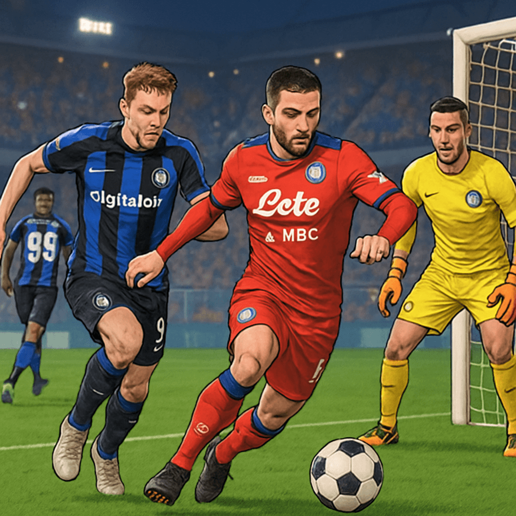 A vibrant scene at a Serie A stadium featuring Inter Milan and Napoli players in their blue and red kits respectively. The atmosphere is electric, with fans cheering in the stands, a green pitch, and 