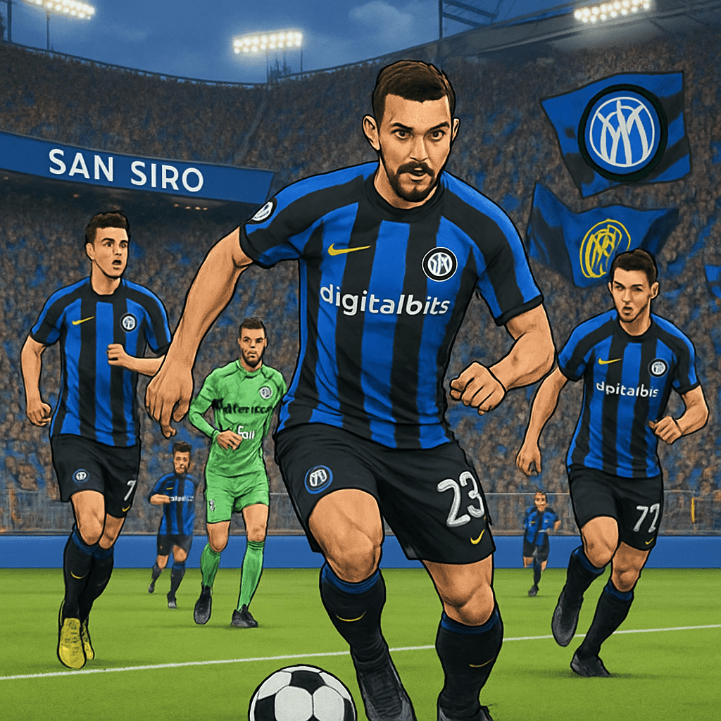 A vibrant scene inside the San Siro stadium, filled with Inter Milan fans in blue and black jerseys, cheering passionately as players warm up on the pitch. The atmosphere is electric, with flags wavin