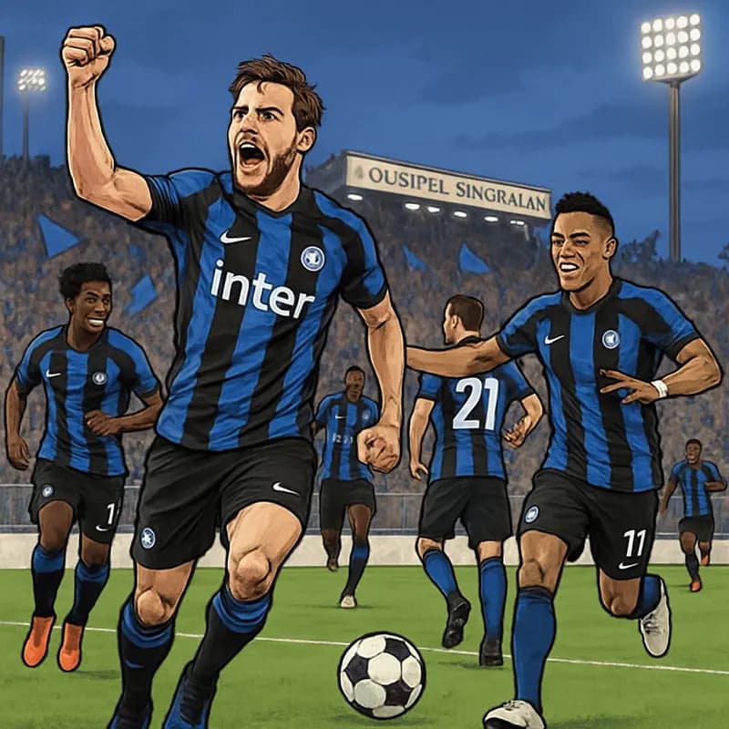A vibrant scene at the Stadio Giuseppe Sinigaglia, with Inter Milan players in their blue and black striped jerseys celebrating a goal. The crowd is lively, with flags waving, and a green pitch in the