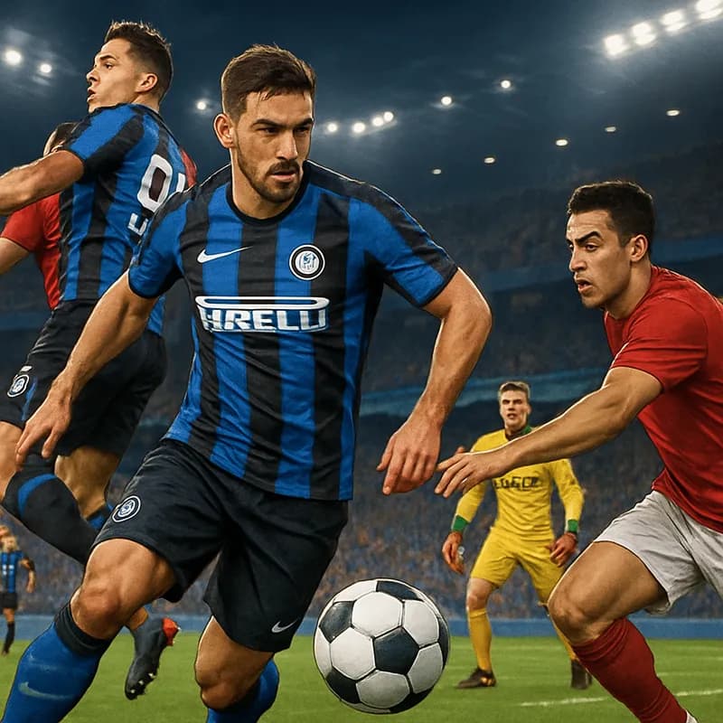 A lively scene at San Siro with Inter Milan's blue and black striped jerseys on display, fans cheering, and a green pitch under bright stadium lights as they prepare for a new season.