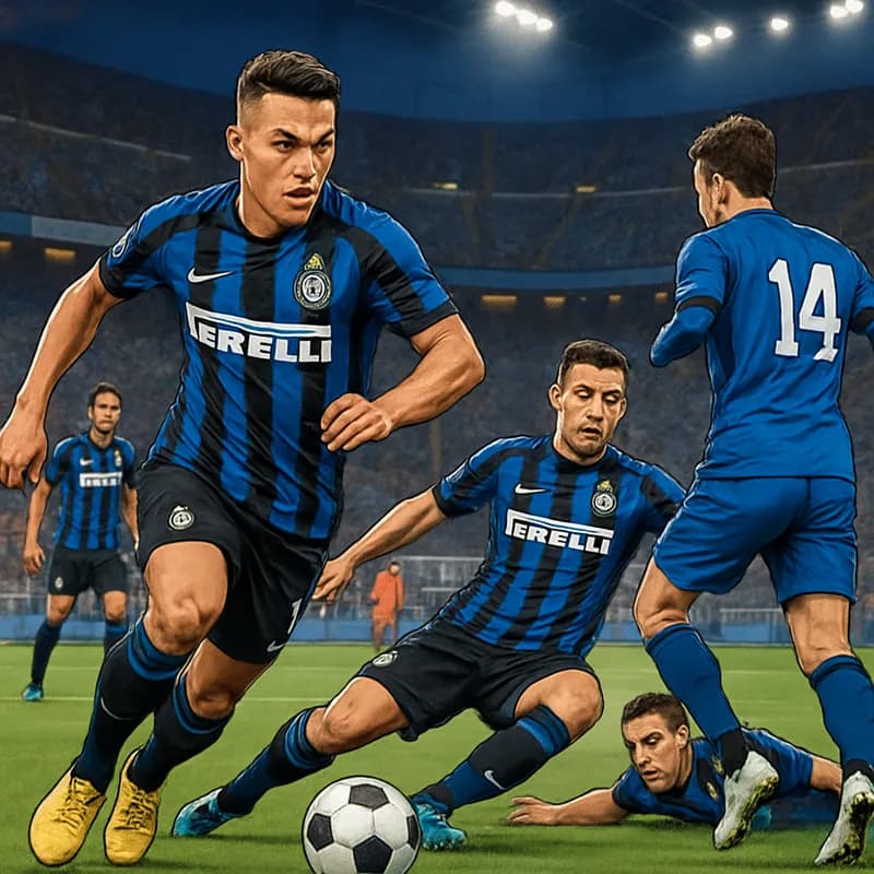 A vibrant scene at San Siro with Inter Milan's blue and black striped jerseys on display. The stadium is packed with fans waving flags, a soccer ball positioned near the pitch, and a sense of anticipa