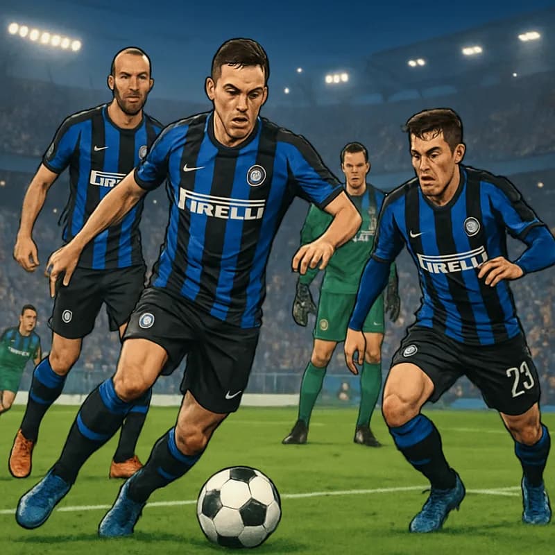 A vibrant scene at the Giuseppe Meazza Stadium, showcasing Inter Milan players in their blue and black striped jerseys. The crowd is electric, with banners waving, as the team prepares for a crucial m