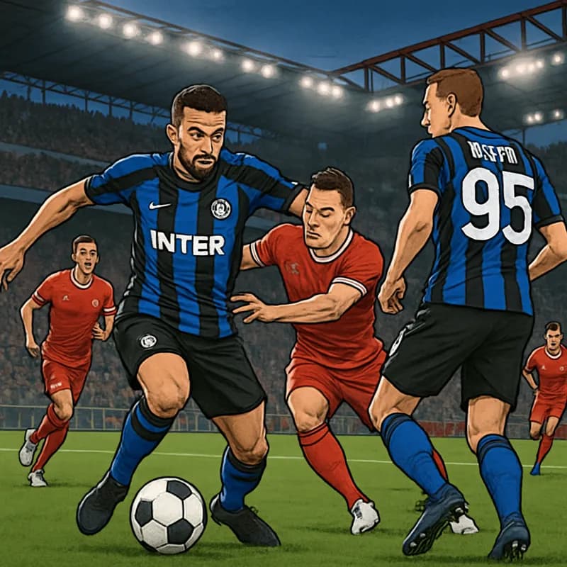 A vibrant scene at San Siro during a match day, with Inter Milan players in their traditional blue and black striped jerseys, fans cheering, and a packed stadium atmosphere.