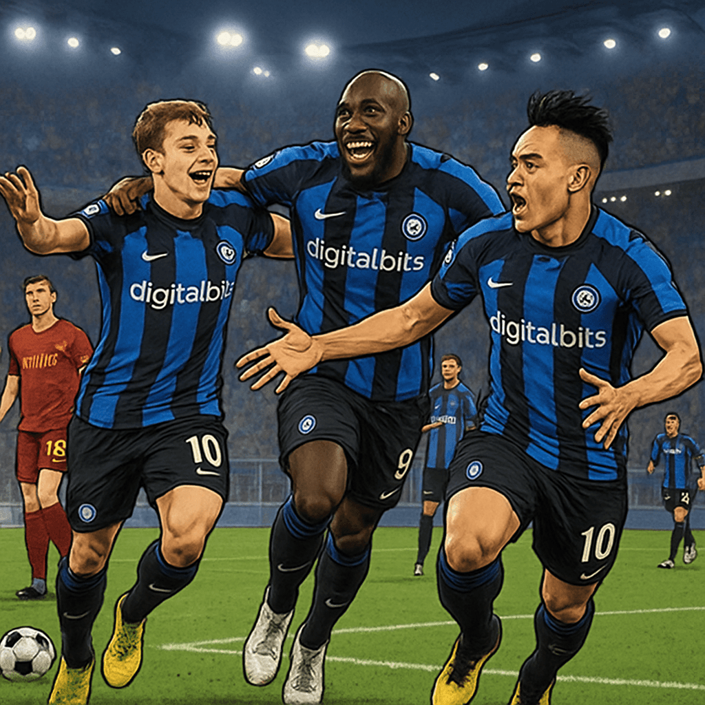 A vibrant scene at San Siro during the Inter vs Roma match, featuring Inter players in their blue and black striped kits celebrating a goal, with fans in the stands showing their support, and a green 