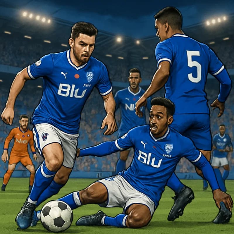 A vibrant stadium scene showing Al-Hilal players in their blue and white kits, with fans cheering in the stands, capturing the atmosphere of a tense match day as they prepare for their final game of t