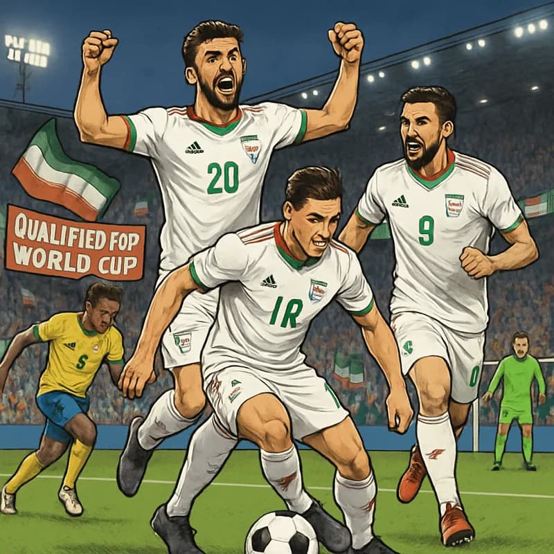 A vibrant scene at a stadium with fans in Iran's white and green kit, celebrating their qualification for the World Cup. The atmosphere is electric with banners and flags waving, capturing the excitem