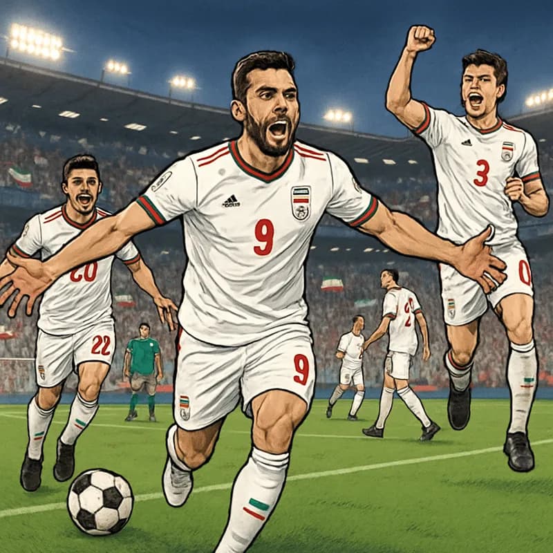 A vibrant soccer scene depicting Iranian players in their traditional white kits with red and green accents, celebrating a goal in a packed stadium. The atmosphere is electric, with fans waving flags 