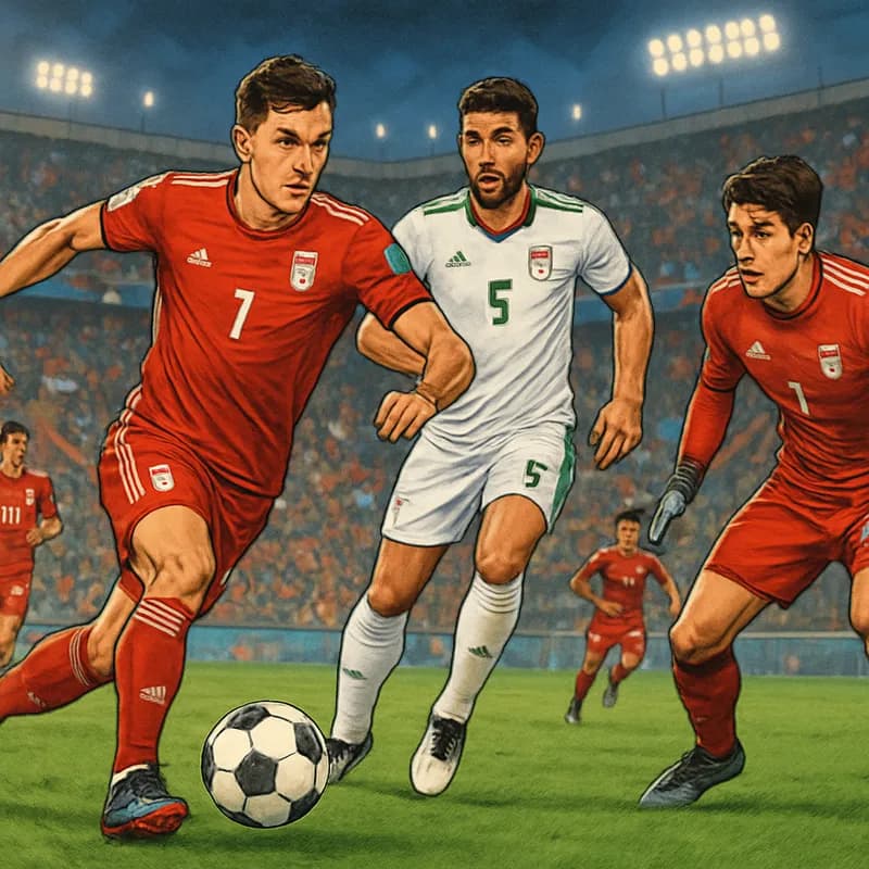 A vibrant stadium scene during a World Cup match, featuring players in the Iranian national team's red and white kit. The atmosphere is electric, with fans waving flags and cheering, creating a sea of