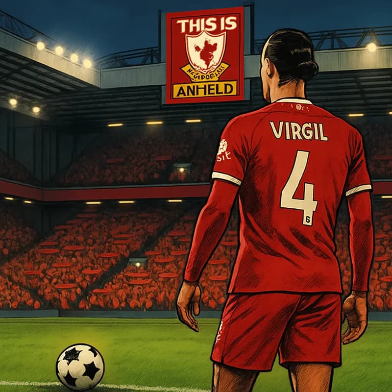 A dramatic shot inside Anfield stadium at night, with the famous 'This Is Anfield' sign glowing. In the foreground, a football rests on the pitch, and the Kop end is filled with fans holding red scarv