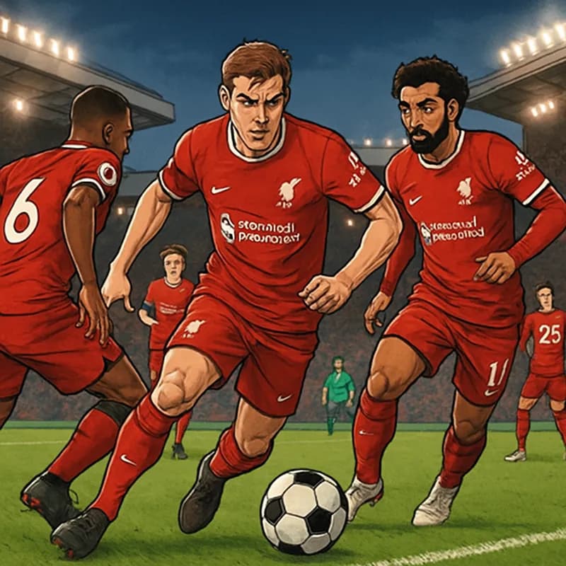 A vibrant scene at Anfield during a match, with Liverpool players in their classic red kits, showing dynamic play and high energy on the green pitch. Fans cheer passionately in the stands, creating an