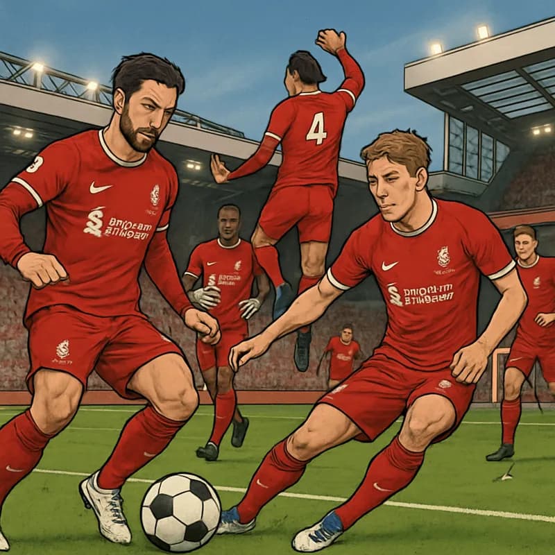 A lively scene at Anfield during a training session, with Liverpool players in their iconic red kits practicing set-pieces. The stadium is buzzing with anticipation, showcasing the vibrant green pitch